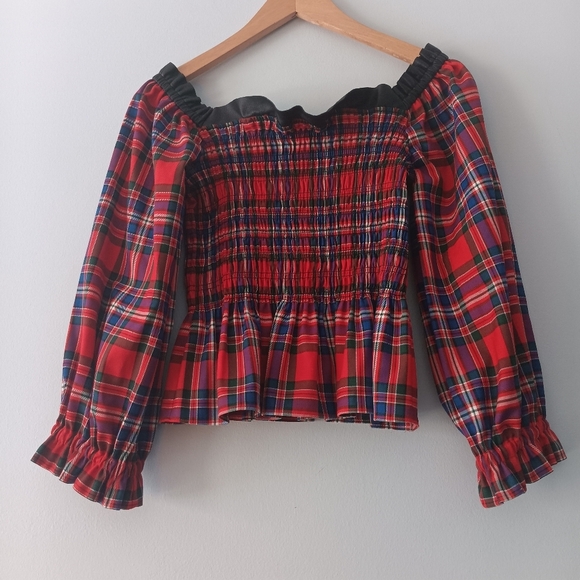 Tanya Taylor Red Plaid Smocked Peplum Cropped Blouse Leather Trim Size 2 - Picture 3 of 11